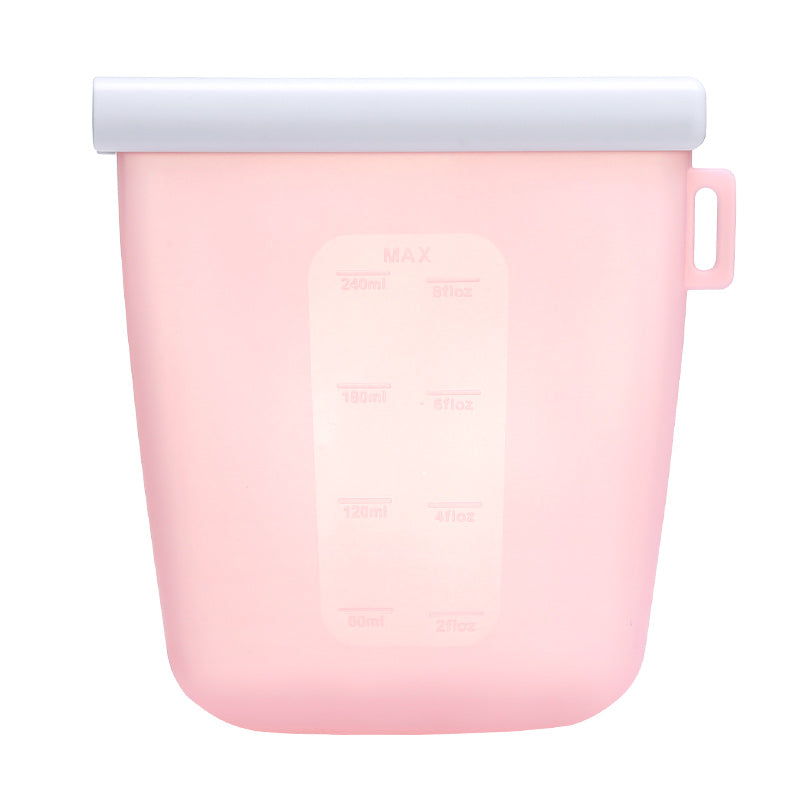 Bolsa de silicona reutilizable rosado con medidor de ml, ideal para conservar alimentos