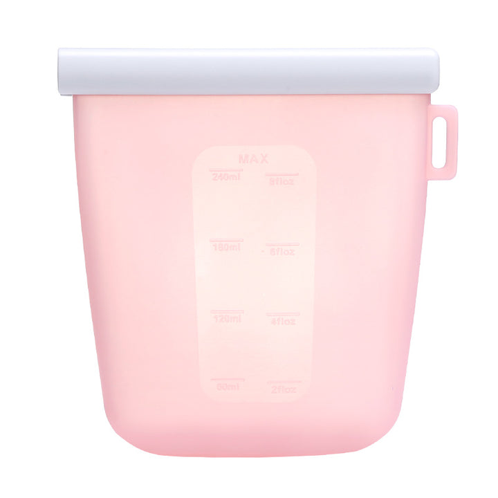 Bolsa de silicona reutilizable rosado con medidor de ml, ideal para conservar alimentos