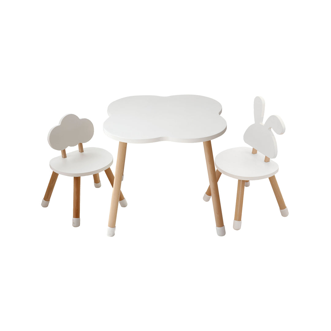 et de mesa nube y sillas infantiles nube y conejo en madera blanca, mobiliario Montessori para niños