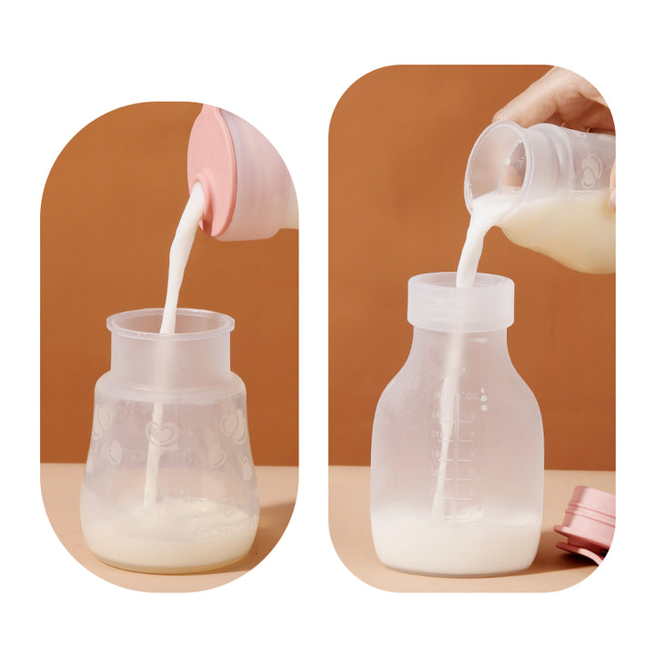 Botella de silicona flexible con marcas de graduación 240ml vertiendo leche, ideal para colaciones y viajes