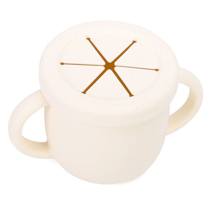 Vaso snack de silicona antiderrames con tapa de pétalos para bebés, color crema