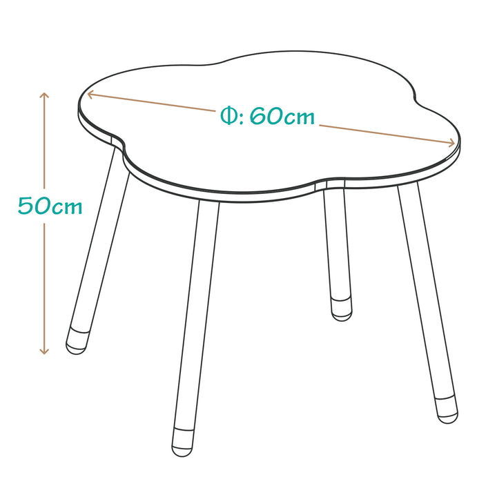 Medidas de mesa infantil nube: 60 cm de diámetro y 50 cm de altura. Escritorio de madera blanco para niños con dimensiones ideales para hogares