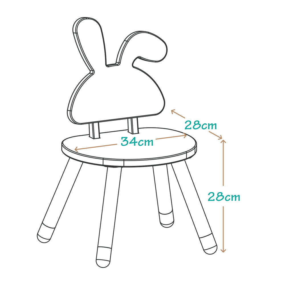 Medidas de silla infantil conejo: 34cm de ancho, 28cm de fondo y 28cm de alto al asiento. Mobiliario ergonómico para niños