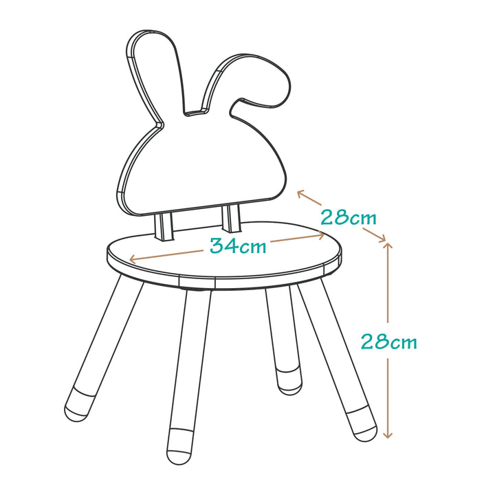 Medidas de silla infantil conejo: 34cm de ancho, 28cm de fondo y 28cm de alto al asiento. Mobiliario ergonómico para niños