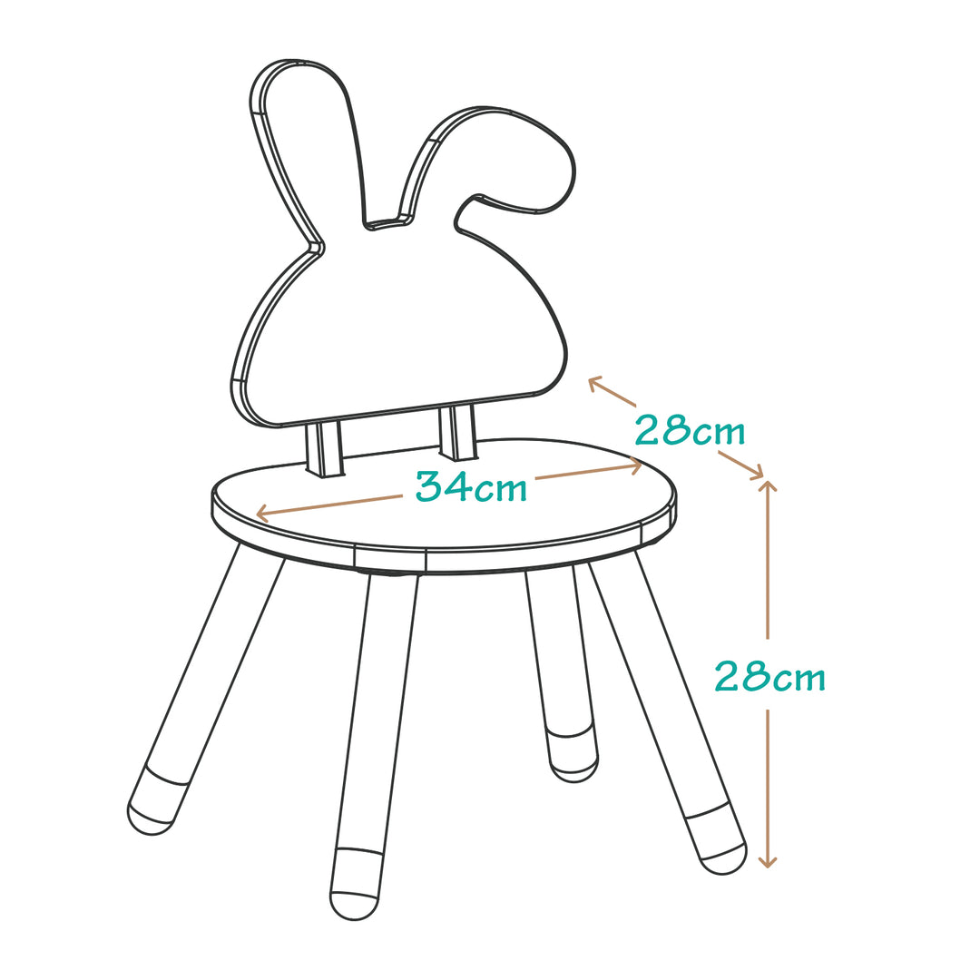 Medidas de silla infantil conejo: 34cm de ancho, 28cm de fondo y 28cm de alto al asiento. Mobiliario ergonómico para niños