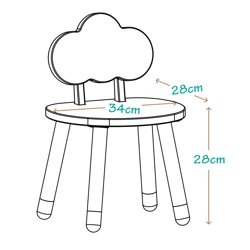 Medidas de silla infantil nube: 34cm de ancho, 28cm de fondo y 28cm de alto al asiento. Mobiliario ergonómico para niños
