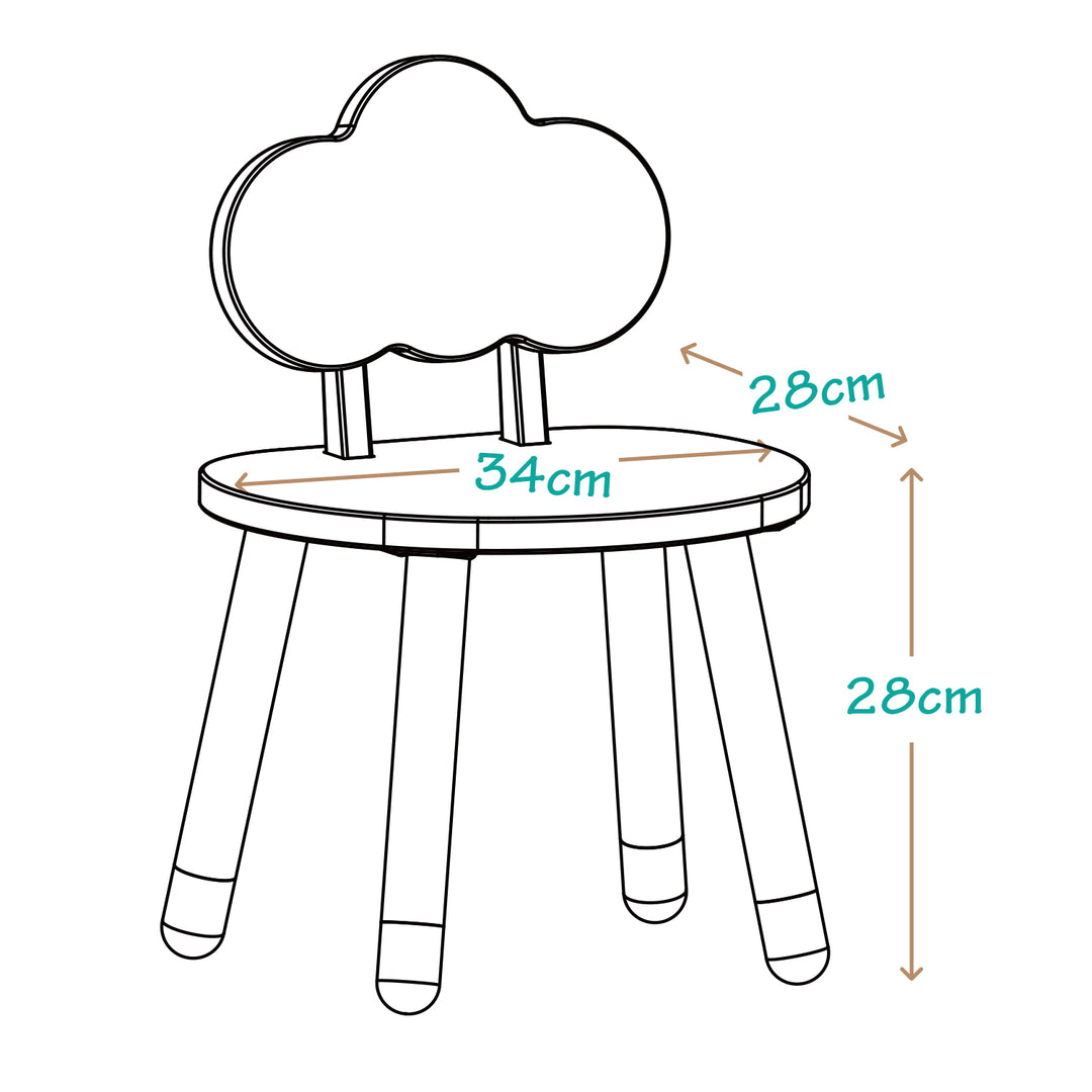 Medidas de silla infantil nube: 34cm de ancho, 28cm de fondo y 28cm de alto al asiento. Mobiliario ergonómico para niños