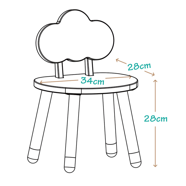 Medidas de silla infantil nube: 34cm de ancho, 28cm de fondo y 28cm de alto al asiento. Mobiliario ergonómico para niños