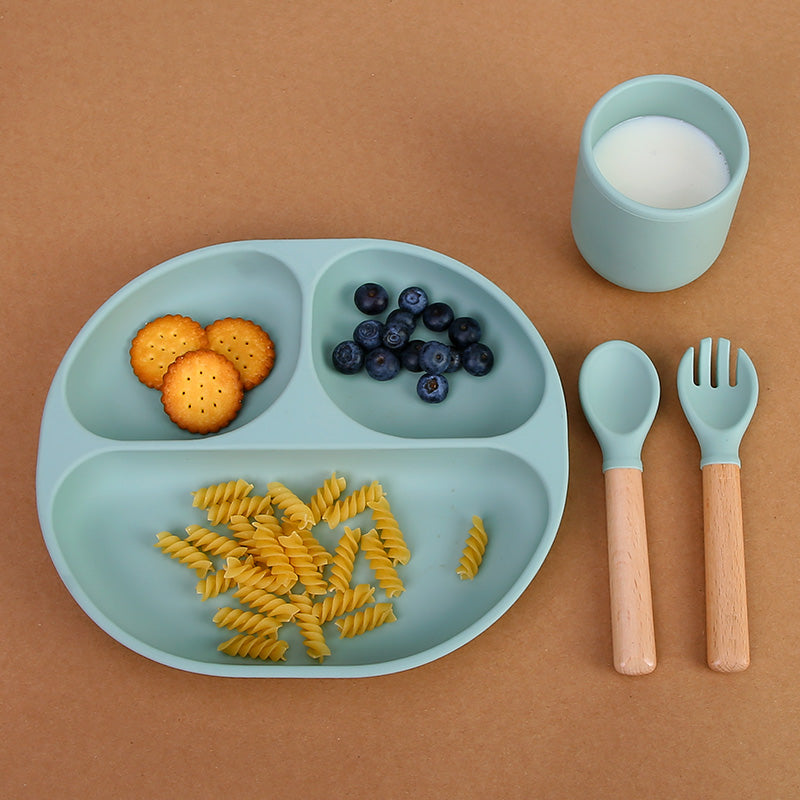 Vajilla de silicona, plato de aprendizaje para niños con divisiones y cubiertos ergonómicos