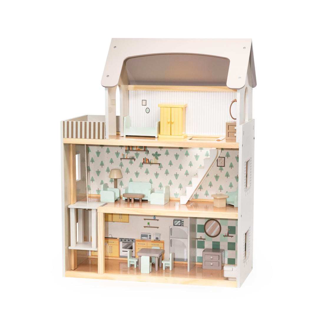 Casa de muñecas de madera con tres pisos, techo blanco, muebles de madera.