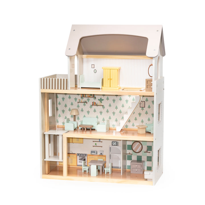 Casa de muñecas de madera con tres pisos, techo blanco, muebles de madera.