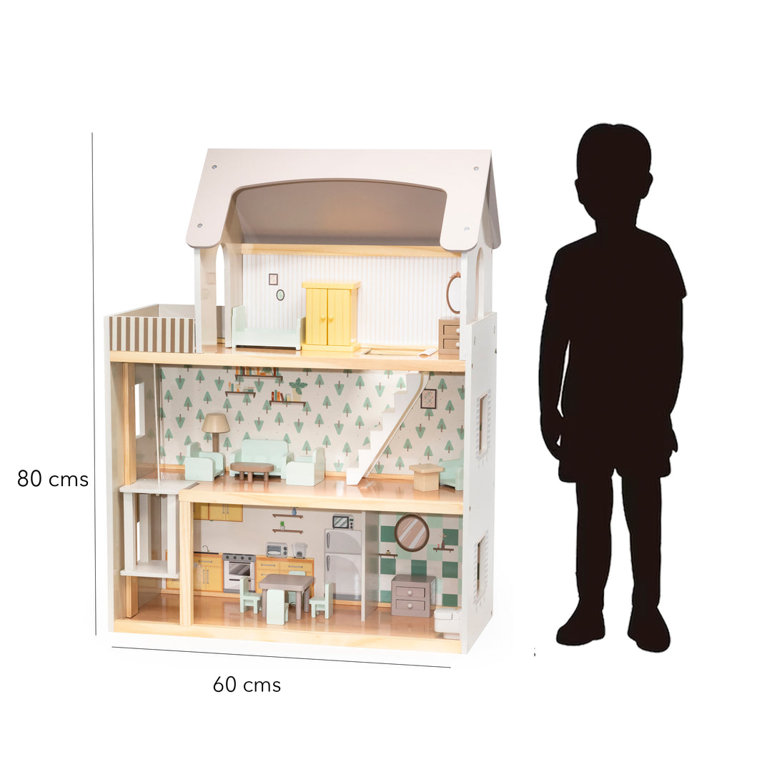 Diagrama de casa de muñecas de madera con dimensiones: 80 cm (alto) x 60 cm (ancho).