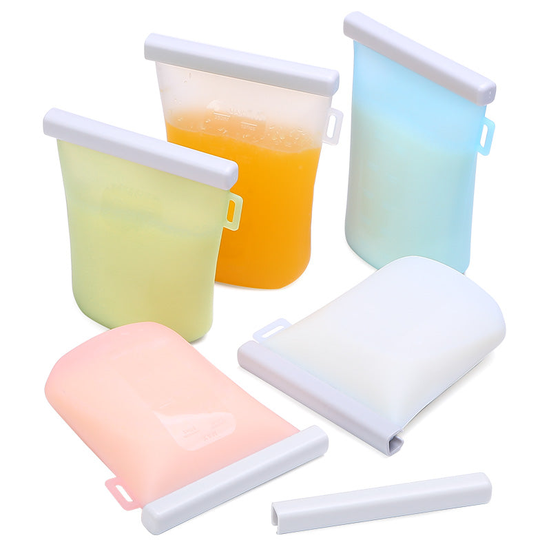 Set de bolsas de silicona reutilizables de colores para organizar el refrigerador y evitar plásticos