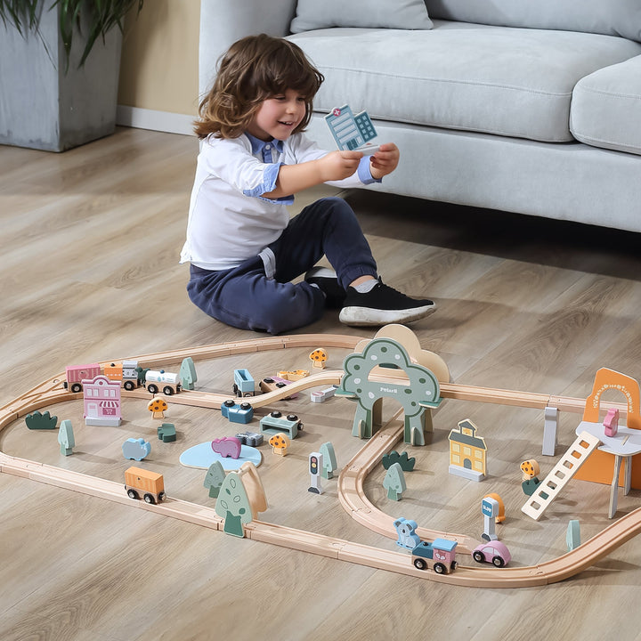 Pista de trenes de madera 90 piezas armable para niños, juguete didáctico