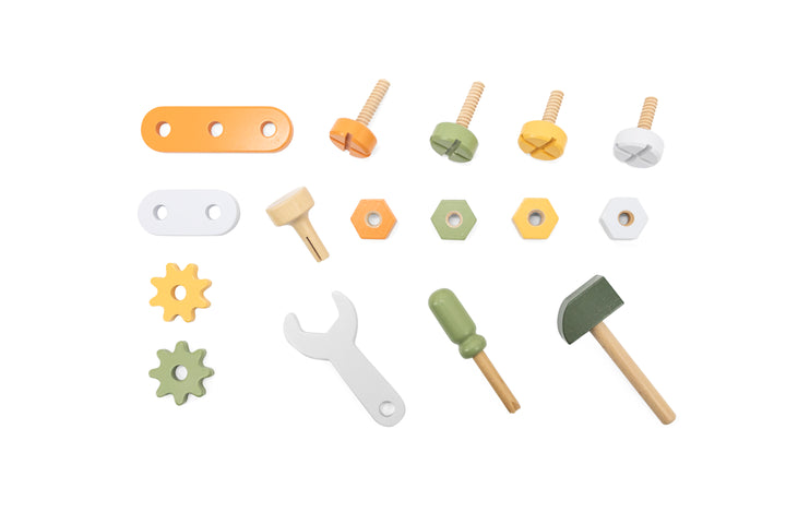 Set de piezas de construcción de madera para niños, incluye tornillos, engranajes y herramientas didácticas