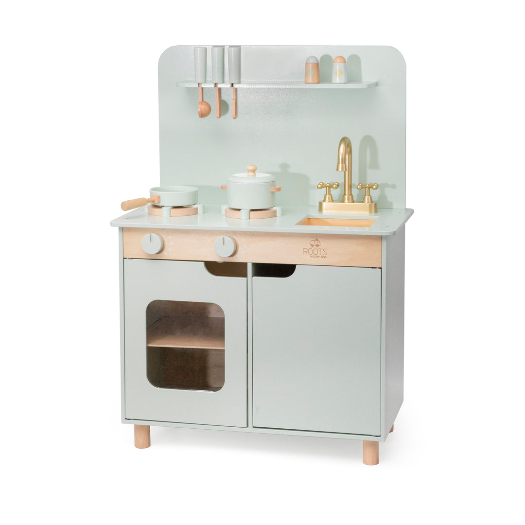 Cocina de juguete verde de madera estilo Montessori para niños