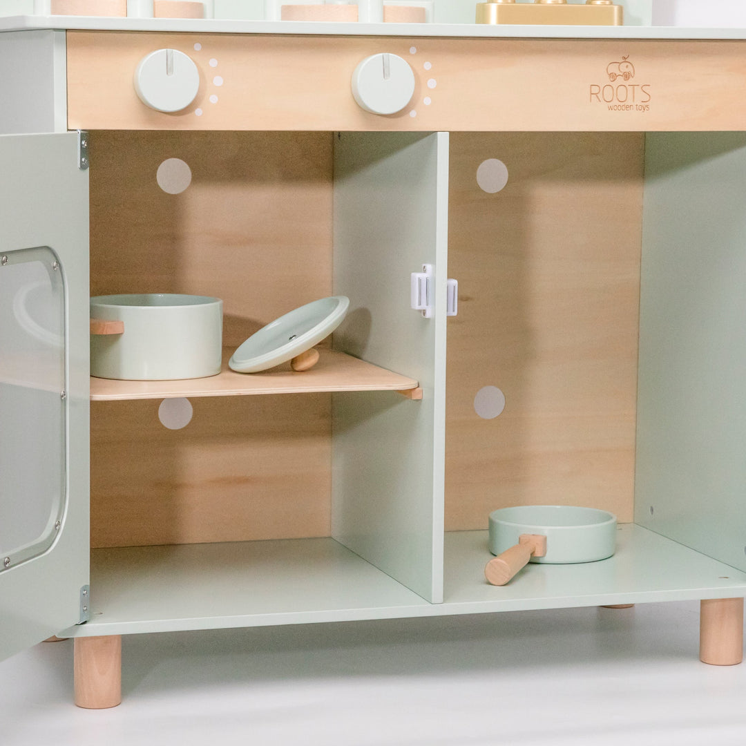 Cocina de juguete verde de madera estilo Montessori para niños
