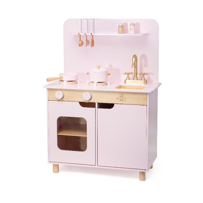 Cocina rosada de juguete de madera estilo Montessori