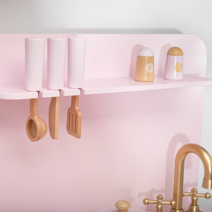 Accesorios de cocina de juguete rosados de madera estilo Montessori para niños