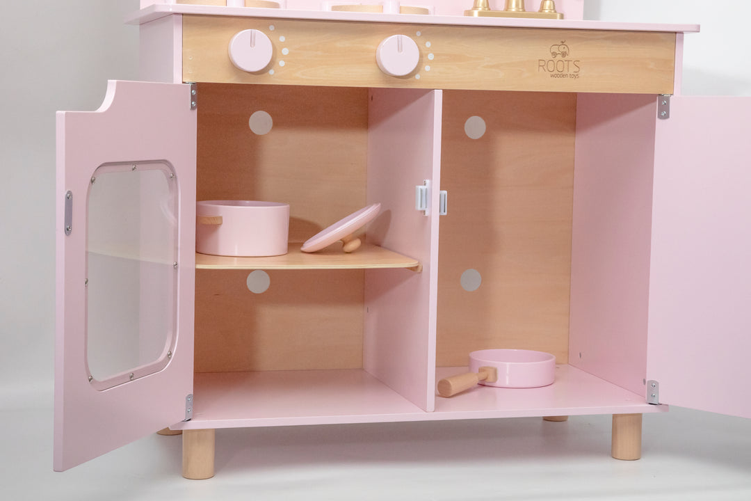 Cocina de juguete rosada de madera estilo Montessori para niños
