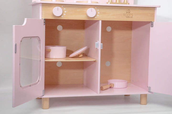 Cocina de juguete rosada de madera estilo Montessori para niños