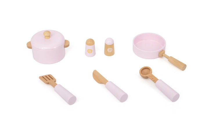 Accesorios de cocina rosados de madera estilo Montessori para niños