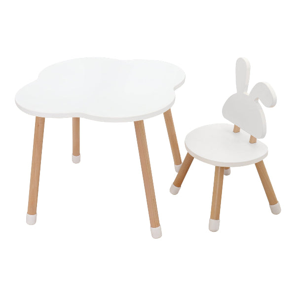 et de mesa nube y silla de conejo para niños en madera blanca, mobiliario infantil Montessori