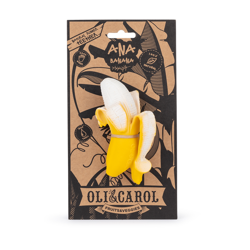 Mordedor banana de caucho natural para bebé, alivia la dentición ecológico
