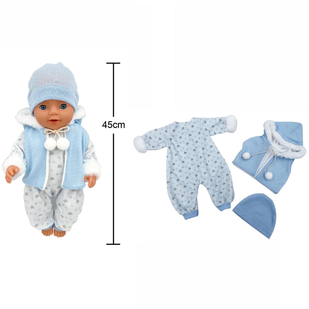 Conjunto de ropa azul para muñeco reborn de hasta 45 cm: incluye osito con estampado de corazones, chaleco con capucha y pompones, y gorro a juego