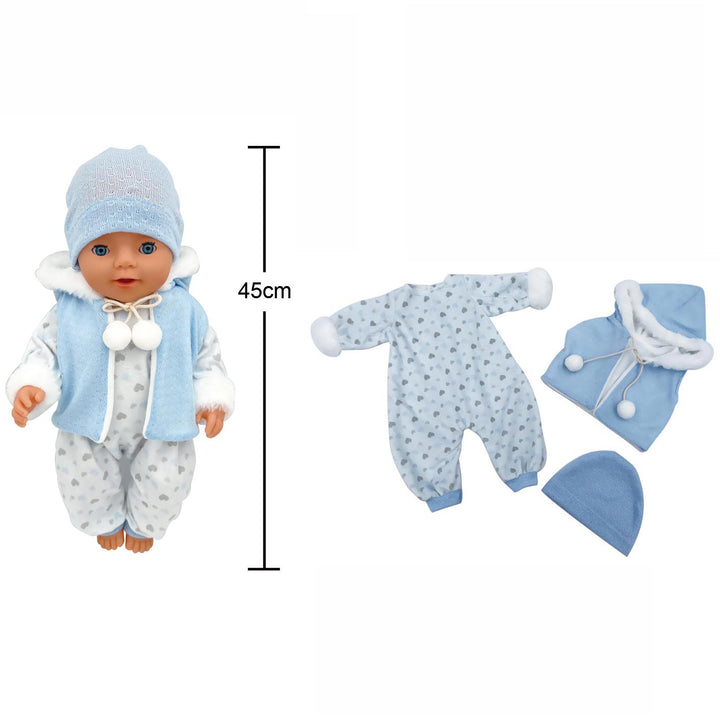 Conjunto de ropa azul para muñeco reborn de hasta 45 cm: incluye osito con estampado de corazones, chaleco con capucha y pompones, y gorro a juego