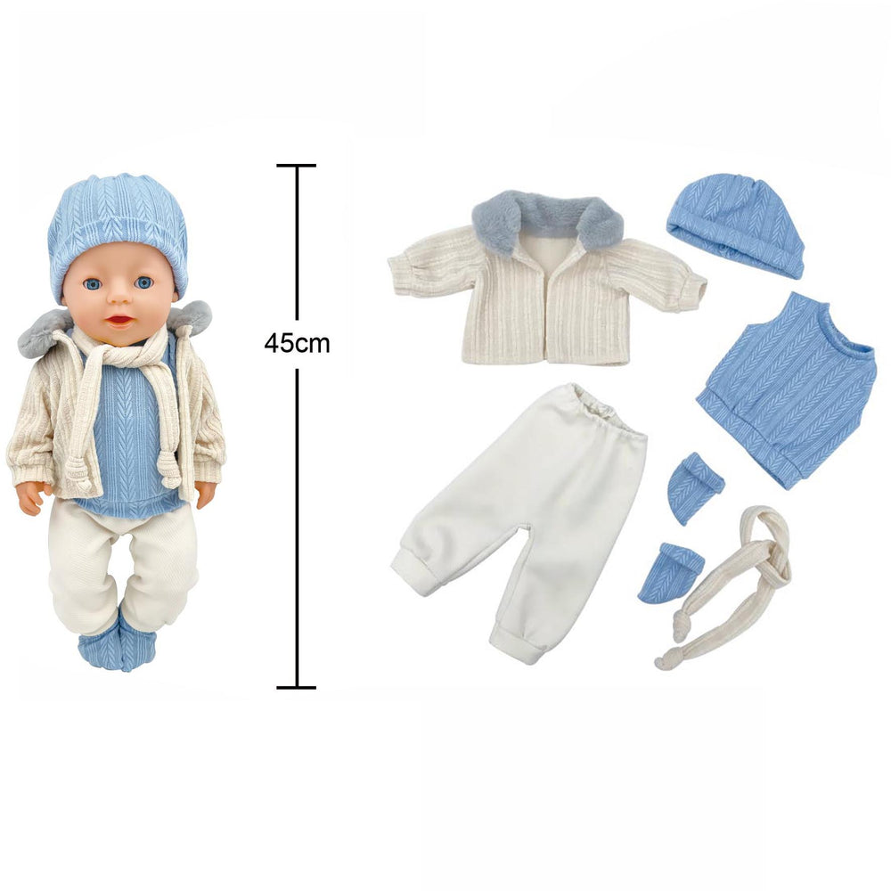Conjunto de ropa invierno azul y crema para muñeco reborn de hasta 45 cm: incluye chaqueta, chaleco, pantalones, gorro, bufanda y calcetas