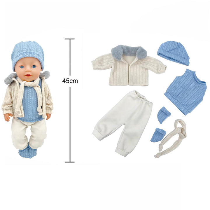 Conjunto de ropa invierno azul y crema para muñeco reborn de hasta 45 cm: incluye chaqueta, chaleco, pantalones, gorro, bufanda y calcetas