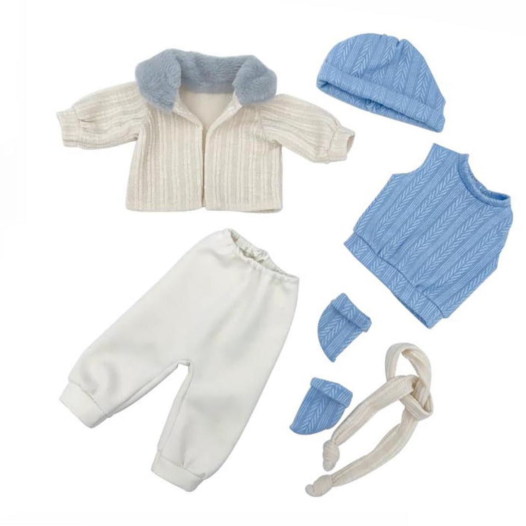 Conjunto de ropa de invierno para muñeco reborn: incluye chaqueta, chaleco y gorro azul con patrón de espiga, pantalones blancos, bufanda y calcetas