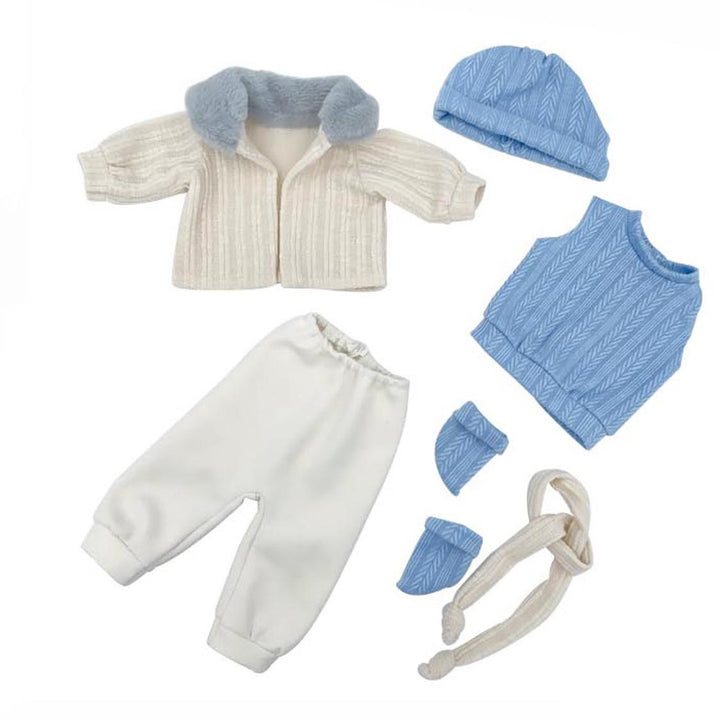 Conjunto de ropa de invierno para muñeco reborn: incluye chaqueta, chaleco y gorro azul con patrón de espiga, pantalones blancos, bufanda y calcetas