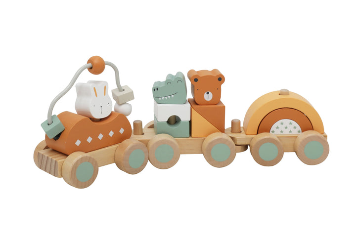 Tren de madera con bloques geométricos apilables de colores para niños
