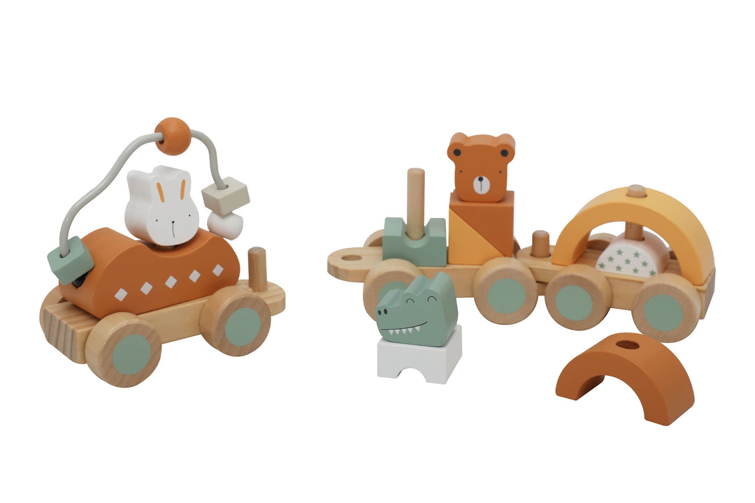 Bloques apilables de madera con forma de tren y animales, juguete Montessori