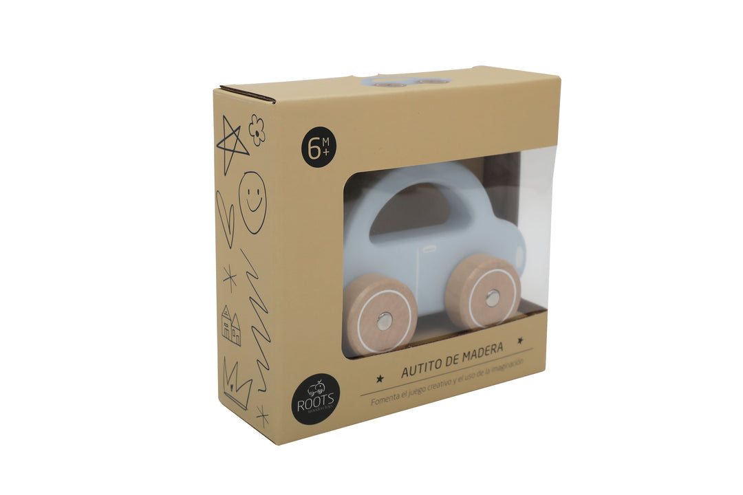 Autito de madera celeste Roots Toys, juguete ecológico para bebés