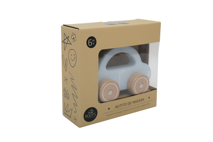Autito de madera celeste Roots Toys, juguete ecológico para bebés