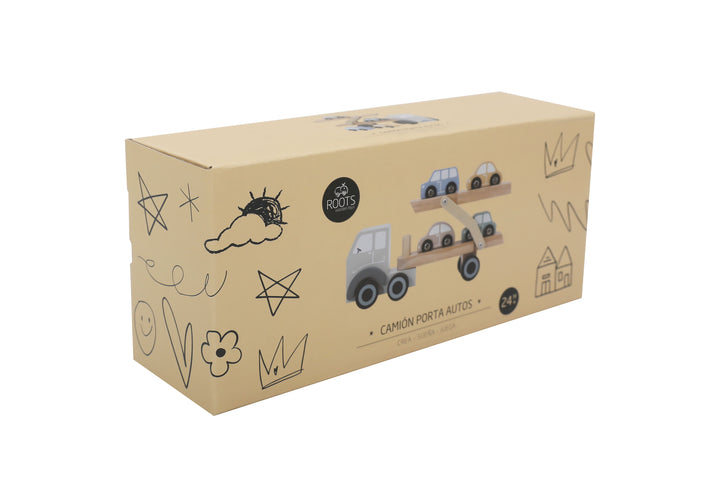 Camión portaautos de madera Roots Toys, juguete didáctico para niños