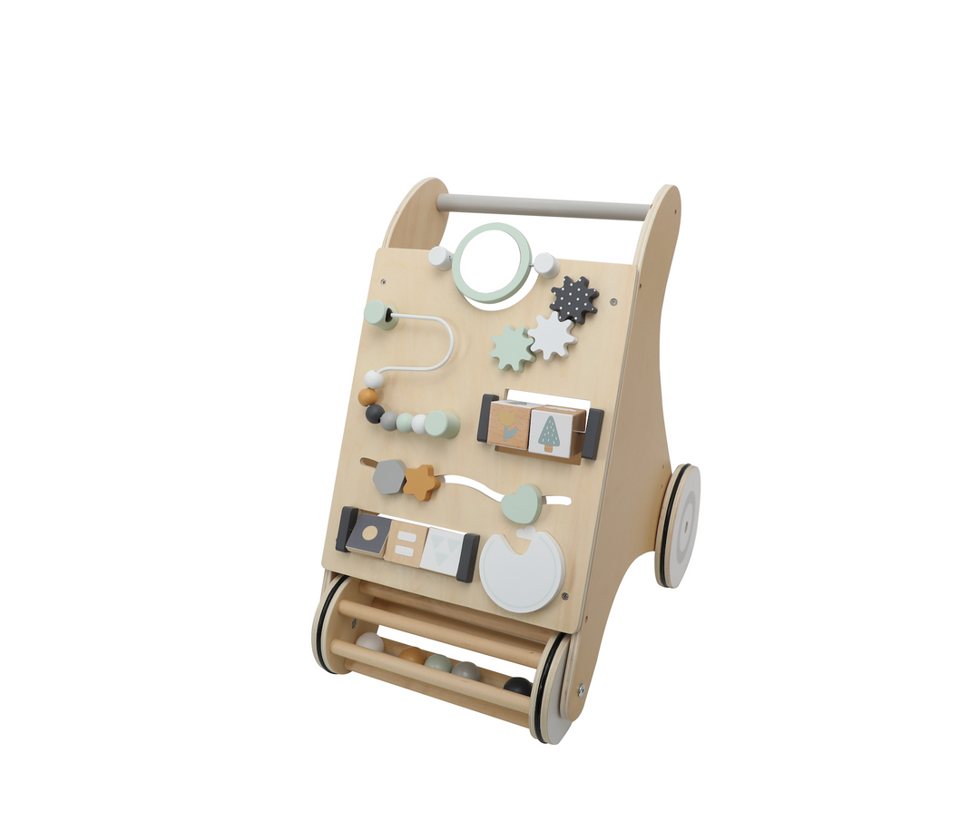 Caminador de madera con actividades sensoriales y juegos de motricidad para niños