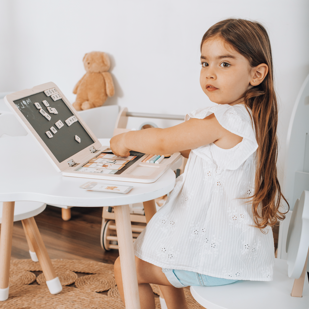 Computador de madera interactivo para niños con letras y números, juguete educativo