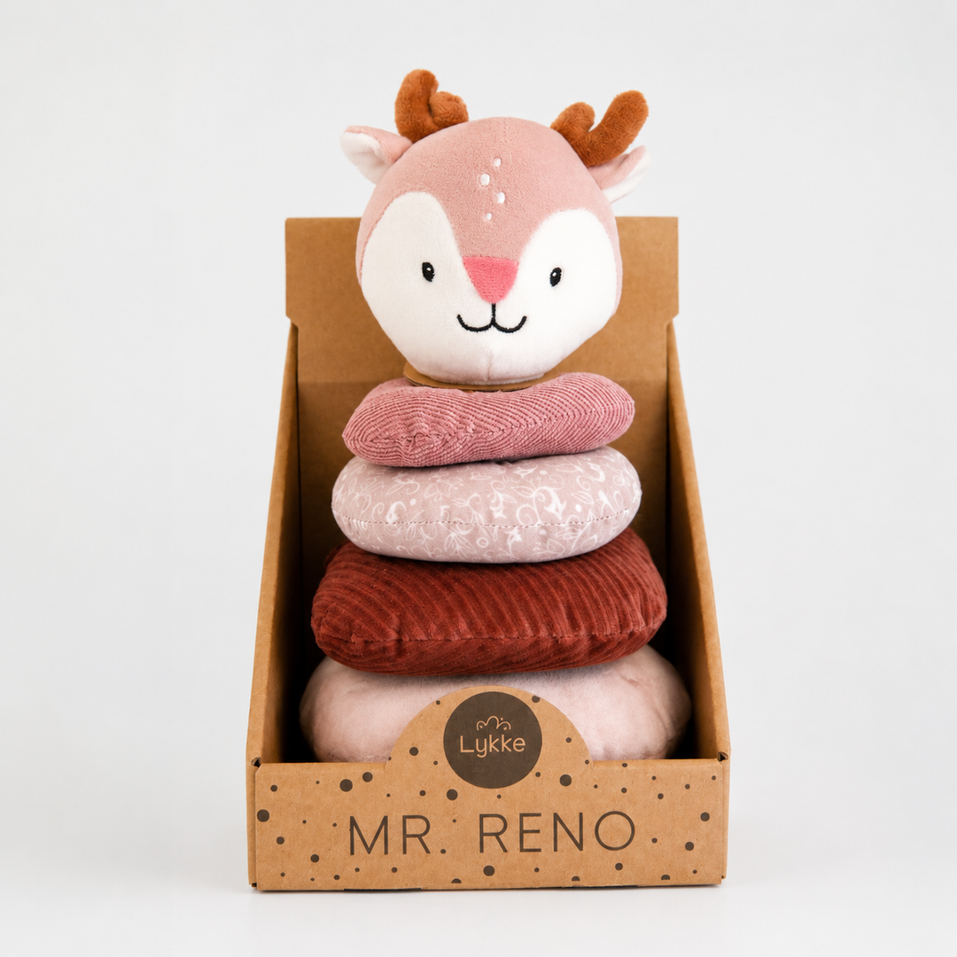 Reno de peluche apilable con aros de tela suave, juguete de motricidad para bebés