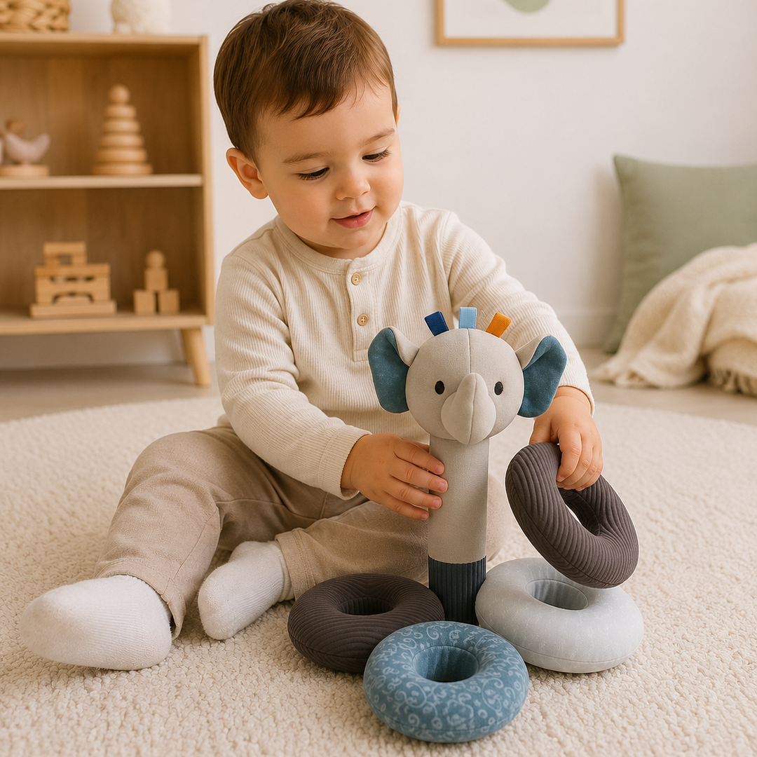 Torre de aros apilables de elefante de peluche para bebés, estimulación temprana