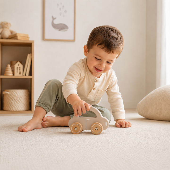 Auto de madera café de juguete para bebés y niños, motricidad fina