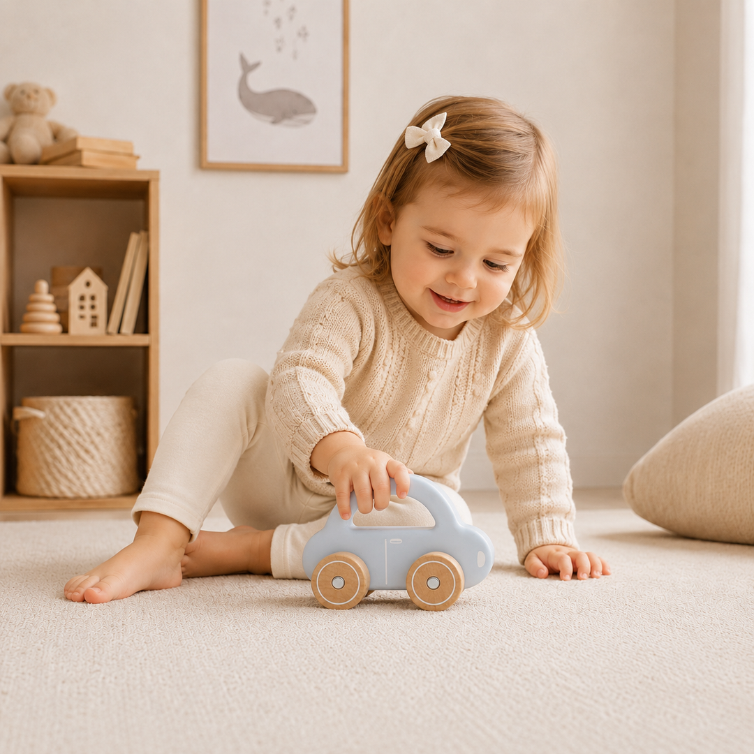 Auto de madera celeste de juguete para bebés y niños, motricidad fina