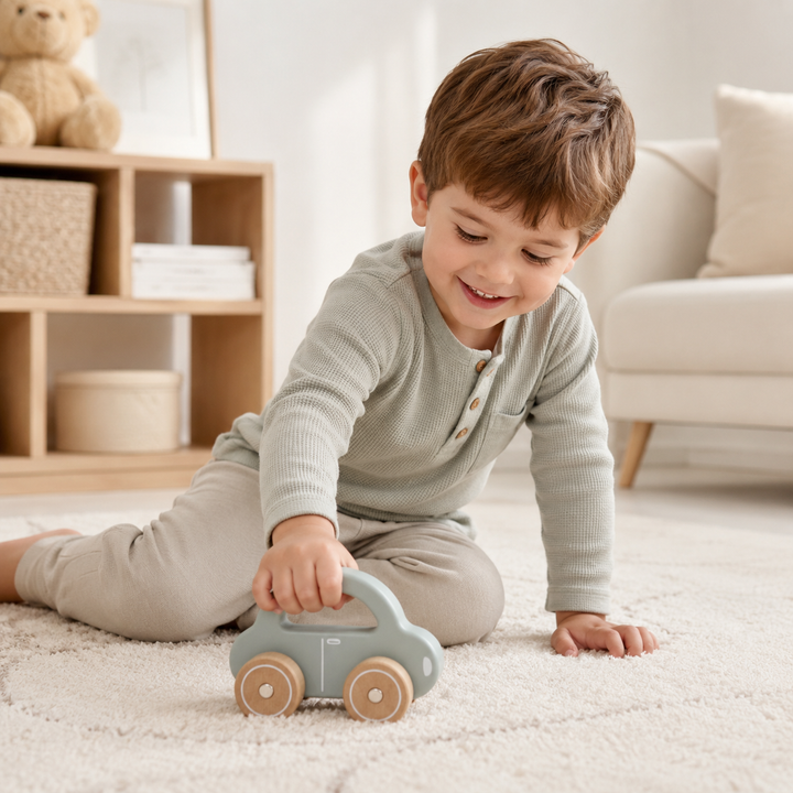 Auto de madera verde de juguete para bebés y niños, motricidad fina