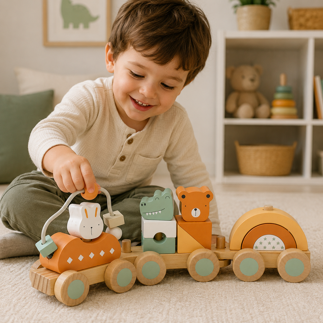 Tren apilable de madera con bloques y animales para bebés, juguete didáctico