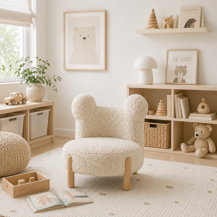 Sofá infantil con forma de osito, mueble tapizado suave y acogedor para niños