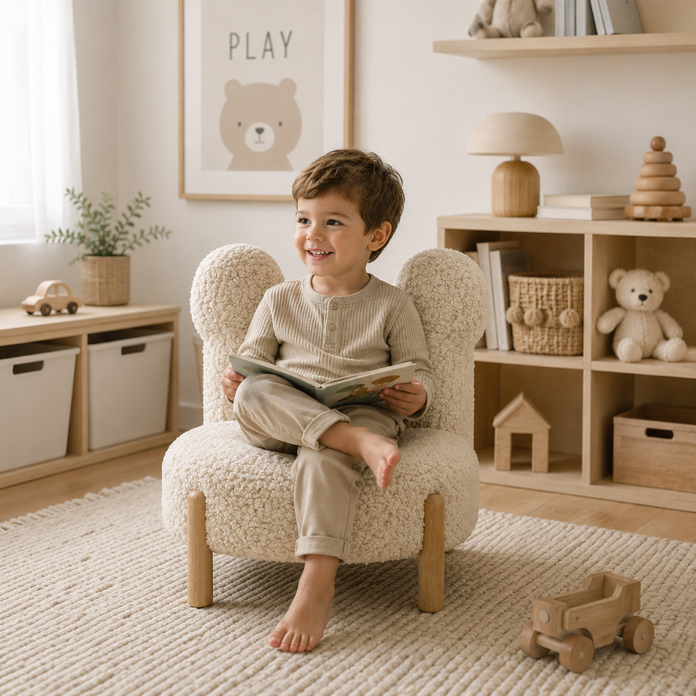 Sillón infantil osito tapizado, mueble cómodo estilo nórdico para dormitorio