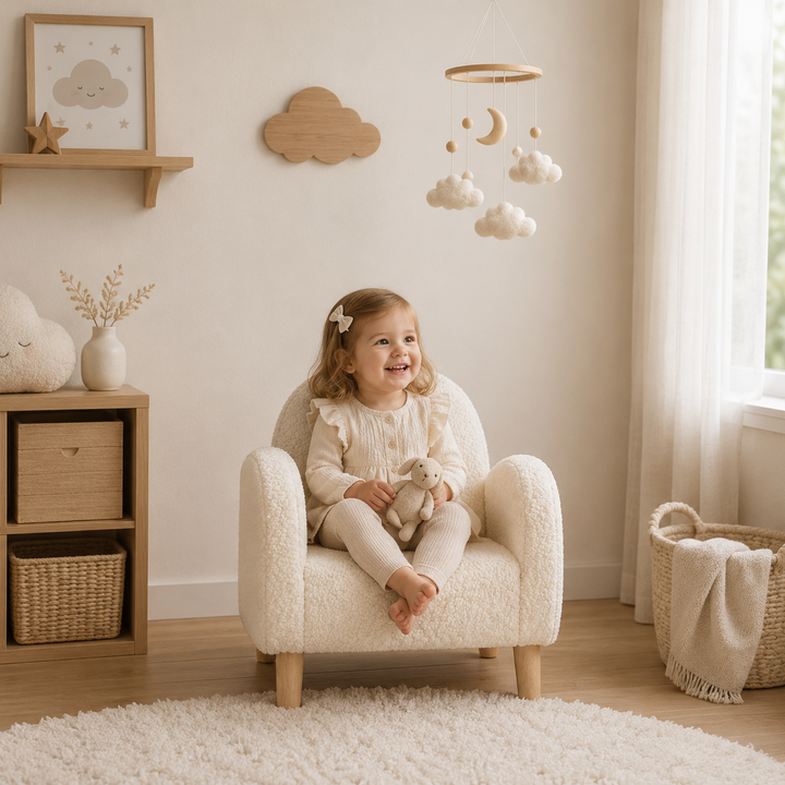 Sofá infantil nórdico en tonos neutros, mueble acogedor estilo Montessori